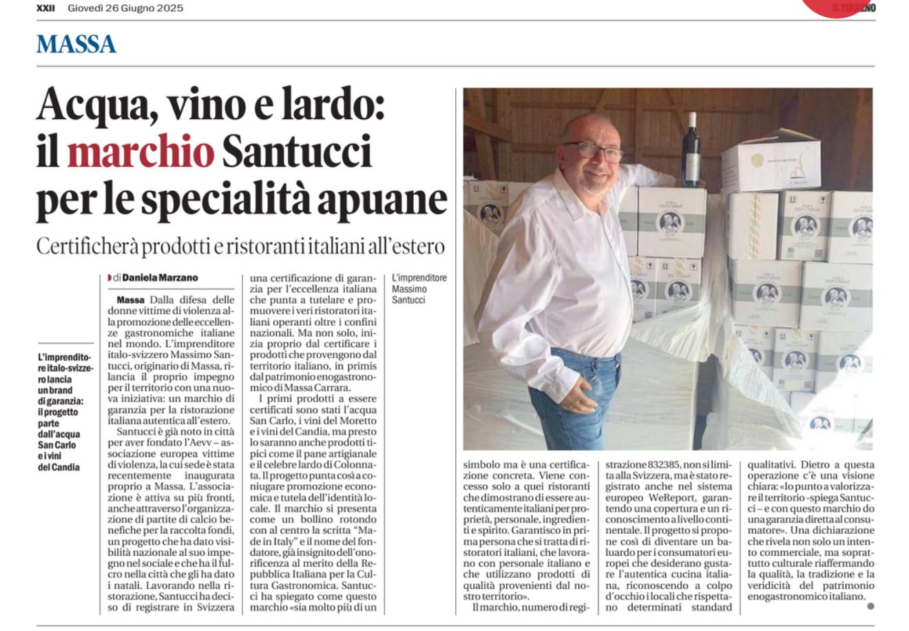 Articolo sul Tirreno, acqua, vino, lardo: il marchio Santucci per le specialità apuane